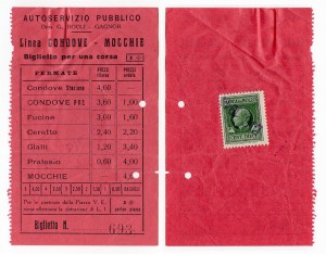 Il biglietto della corriera Condove Mocchie, la data sul bollo è 1941 (foto Roberto Cordola)